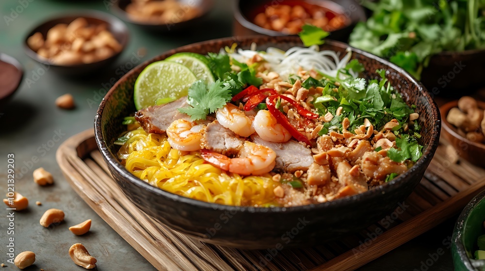 A captivating side-angle shot of a Mi Quang bowl served on a traditional bamboo tray, featuring turmeric yellow noodles, juicy shrimp, and tender pork slices, A captivating side-angle shot of a Mi Quang bowl served on a traditional bamboo tray, featuring turmeric yellow noodles, juicy shrimp, and tender pork slices,