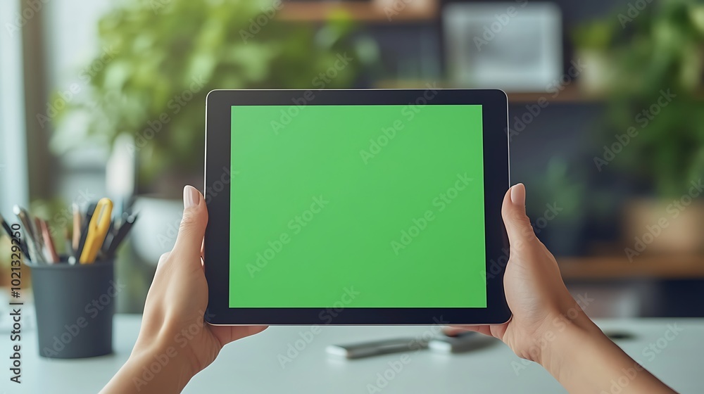 A person holds a tablet with a green screen, set against a backdrop of indoor plants and a contemporary workspace. A person holds a tablet with a green screen, set against a backdrop of indoor plants and a contemporary workspace.
