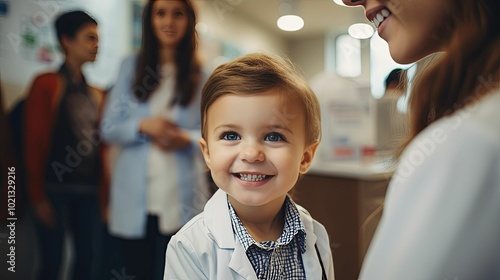 A Little Boy Dressed as a Doctor Smiles at a Woman