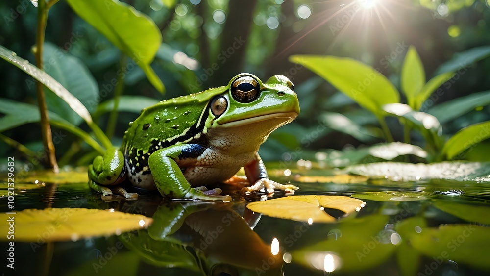 A frog resting on a leaf floating in water. A frog resting on a leaf floating in water.