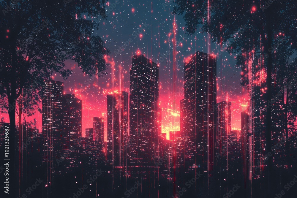 Obraz premium A City Skyline at Night with Red and Pink Lights