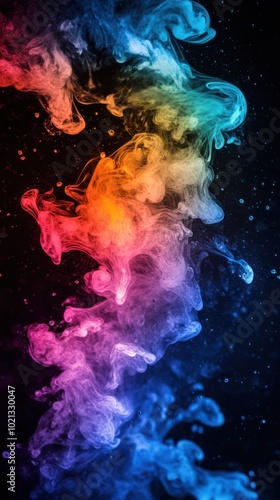 A colorful swirl of smoke against a dark background, creating a vibrant visual effect.