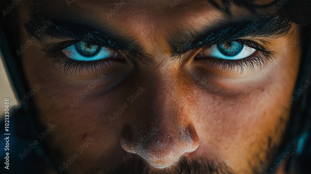 Man with blue eyes and a beard has his eyes closed. The man's eyes are closed, and his nose is visible Man with blue eyes and a beard has his eyes closed. The man's eyes are closed, and his nose is visible