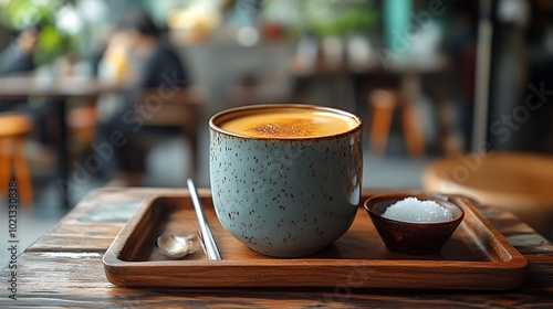 A captivating side-angle shot of Vietnamese Egg Coffee served in a small ceramic cup, placed on a wooden tray with a small bowl of sugar and a spoon on the side. photo