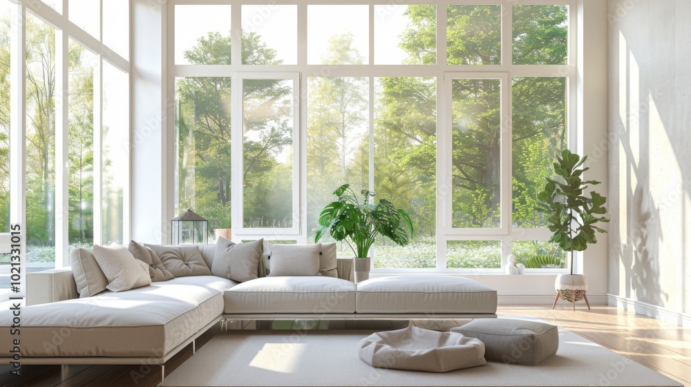 Modern Living Room with Large Windows and Sunlight Modern Living Room with Large Windows and Sunlight