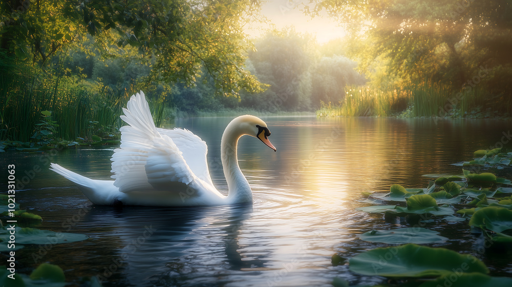 cygnus olor gliding on a serene river surrounded by strange, luminous plants cygnus olor gliding on a serene river surrounded by strange, luminous plants
