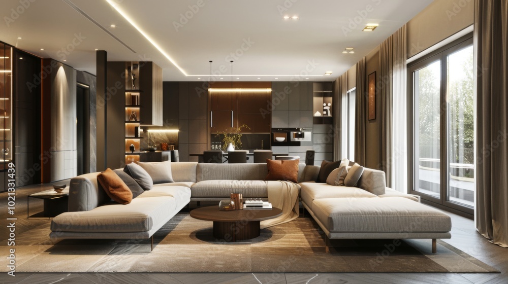 Modern Living Room Interior Design with Sectional Sofa and Large Windows Modern Living Room Interior Design with Sectional Sofa and Large Windows