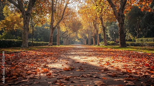 A trail covered with a golden carpet of autumn leaves leads through a sun-dappled scene of towering trees, embodying tranquility and the essence of fall. photo