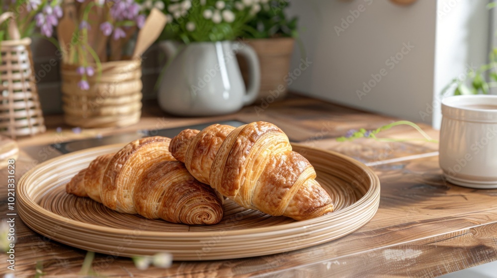 Freshly Baked Croissants on a Wooden Tray: A Delightful Breakfast Freshly Baked Croissants on a Wooden Tray: A Delightful Breakfast
