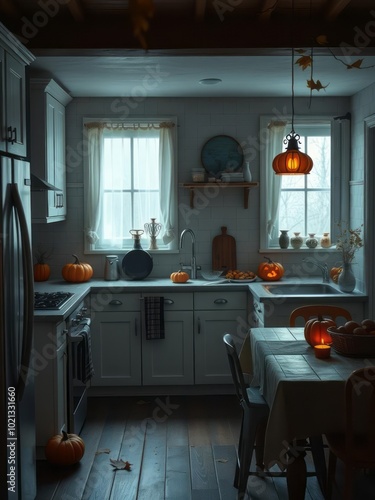 Autum whitw kitchen halloween backdrop photo