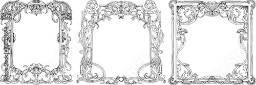 Set of three hand drawn baroque, nouveau style floral frames, black vector outlines