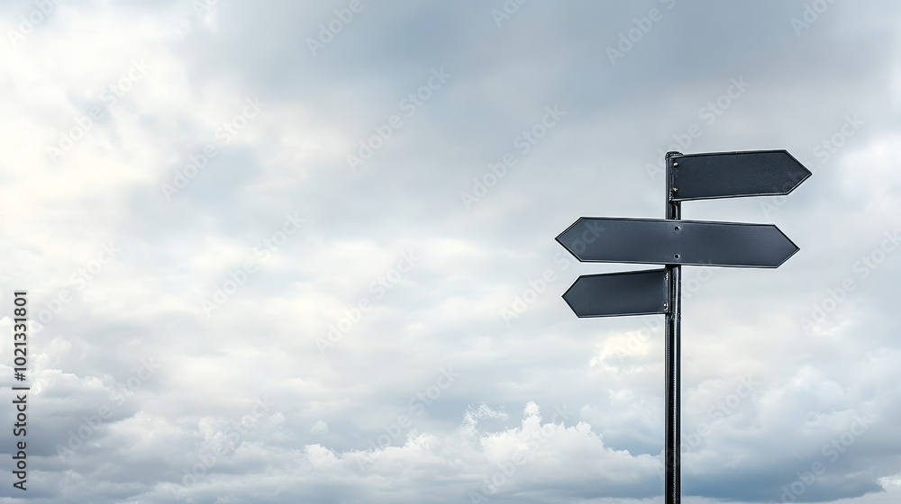 A directional signpost with empty arrows against a cloudy sky, symbolizing choices and directions. A directional signpost with empty arrows against a cloudy sky, symbolizing choices and directions.