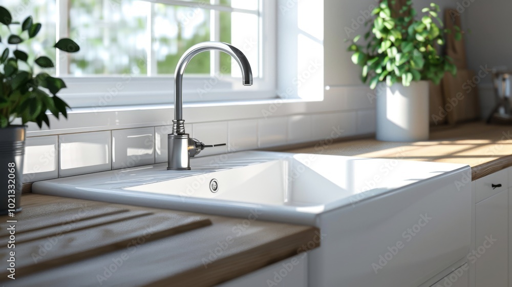 Modern Kitchen Sink with Chrome Faucet and White Tile Backsplash Modern Kitchen Sink with Chrome Faucet and White Tile Backsplash