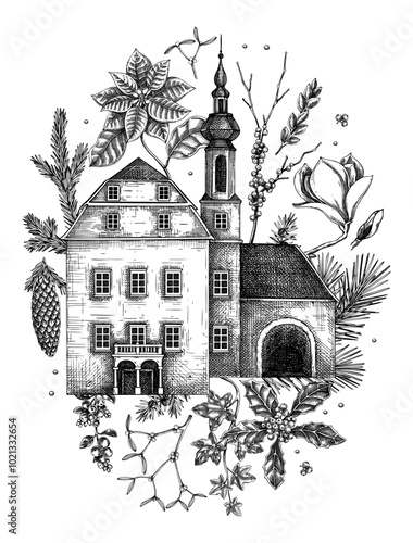 Christmas card template. Winter background. Architecture sketch. Vintage mansion house, old castle drawing. Hand-drawn botanical illustration.NOT AI generated