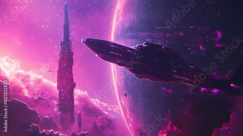 Fototapeta Naklejka Na Ścianę i Meble -  Futuristic spaceship docking at space station orbiting a vibrant gas giant, surrounded by mesmerizing cosmic phenomena in a cyberpunk universe. Starship Dock. Illustration