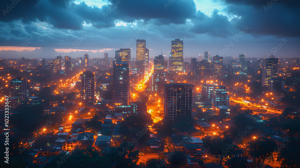 Obraz premium Nairobi’s Modern Business District at Dusk with Illuminated Skyscrapers