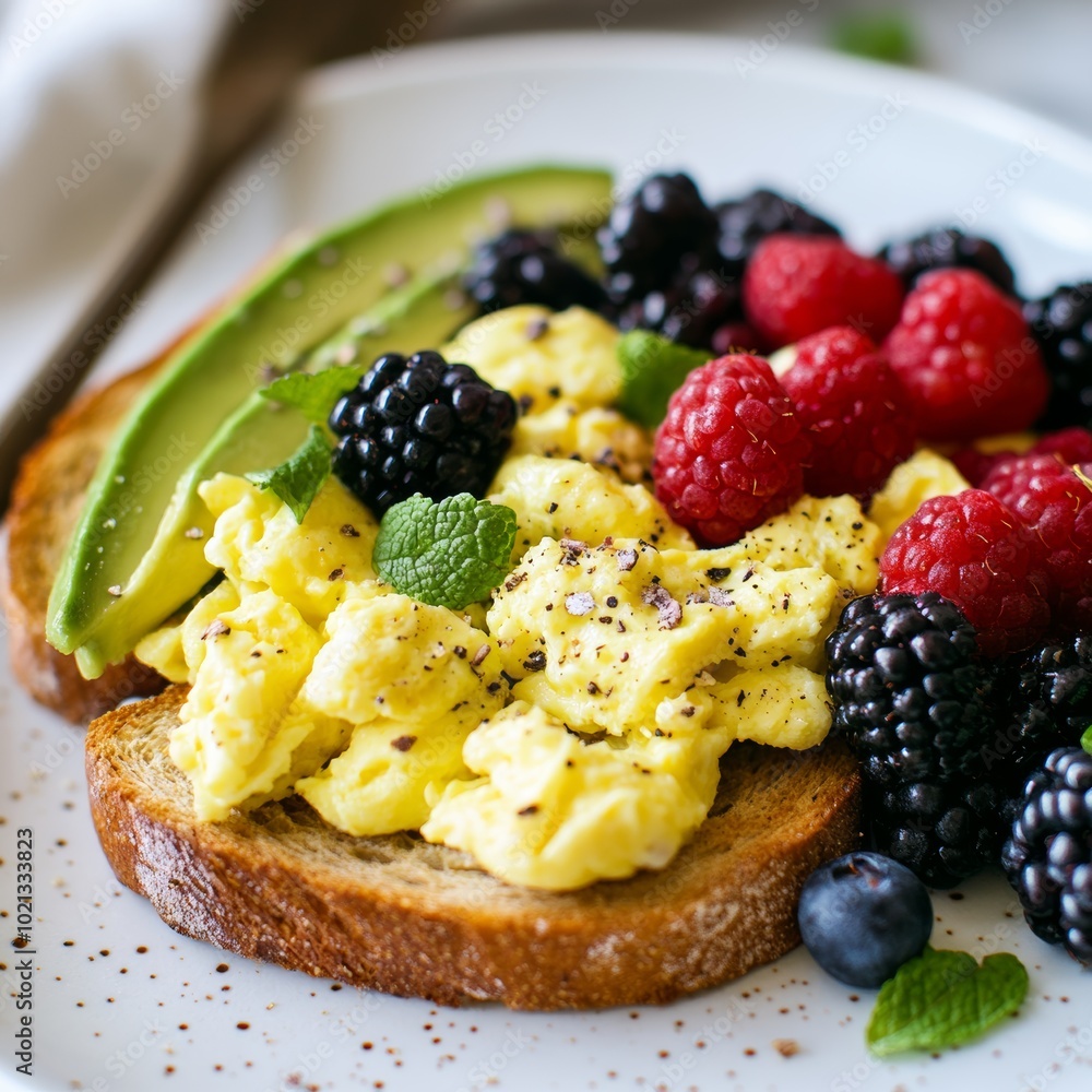 A close-up of a breakfast plate featuring toast with avocado, scrambled eggs, and fresh berries on a white dish A close-up of a breakfast plate featuring toast with avocado, scrambled eggs, and fresh berries on a white dish