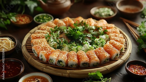 A cinematic shot of Goi Cuon salad rolls served on a bamboo platter, surrounded by small bowls of dipping sauces like hoisin-peanut sauce and chili fish sauce. photo