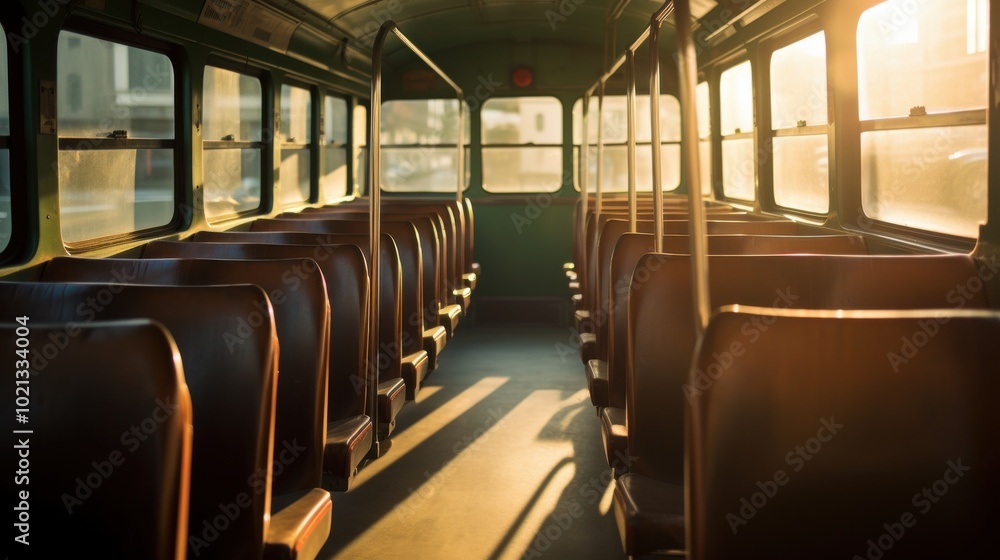 Golden sunlight pours through the windows of an empty vintage bus, casting shadows and creating a nostalgic ambiance. Golden sunlight pours through the windows of an empty vintage bus, casting shadows and creating a nostalgic ambiance.