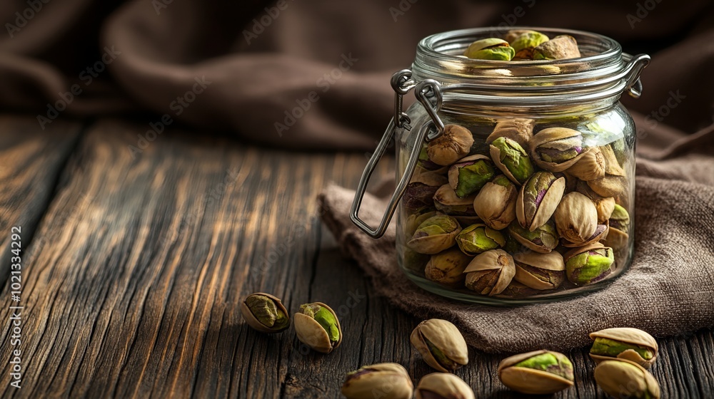 Green pistachios in a jar on a wooden table. They are a healthy and protein-rich snack. Green pistachios in a jar on a wooden table. They are a healthy and protein-rich snack.