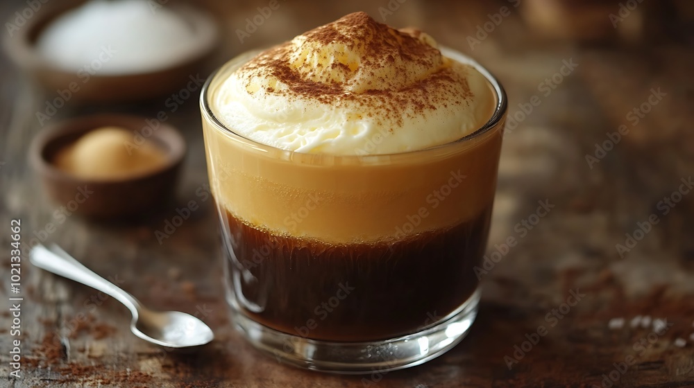 A close-up photograph of a Vietnamese Egg Coffee, showcasing the fluffy whipped egg yolk layer on top of a rich, dark coffee in a glass cup, with droplets of condensation on the glass. A close-up photograph of a Vietnamese Egg Coffee, showcasing the fluffy whipped egg yolk layer on top of a rich, dark coffee in a glass cup, with droplets of condensation on the glass.