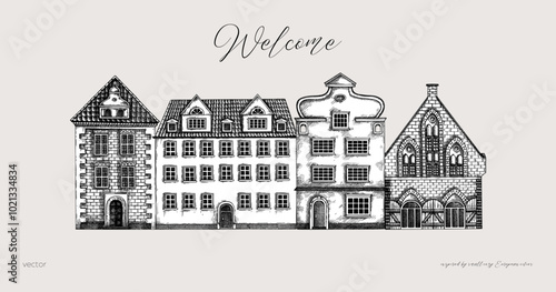European city architecture sketch. Old building drawings. Vintage houses banner. Hand-drawn vector illustration. Architectural card design.  NOT AI generated