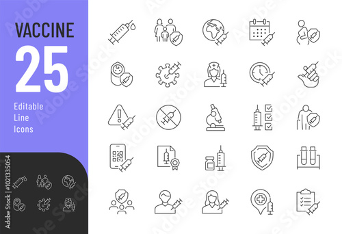 Vaccine Line Editable Icons set. Vector illustration in modern thin line style of health care related icons: vaccination, certificate, research, virus, and more. Pictograms and infographics for mobile