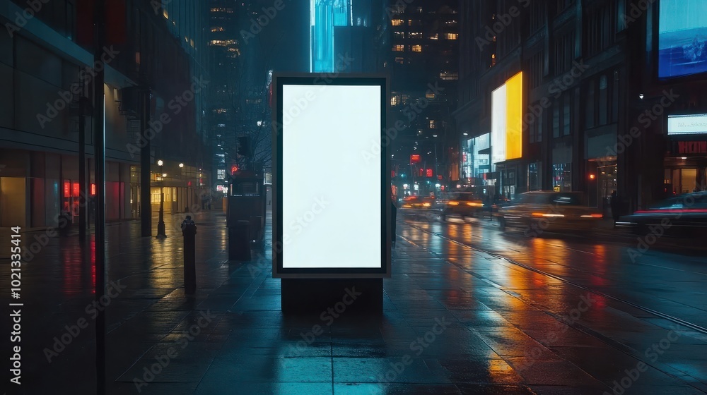 Blank white vertical advertising banner billboard mockup on sidewalk at night with urban city lights Blank white vertical advertising banner billboard mockup on sidewalk at night with urban city lights