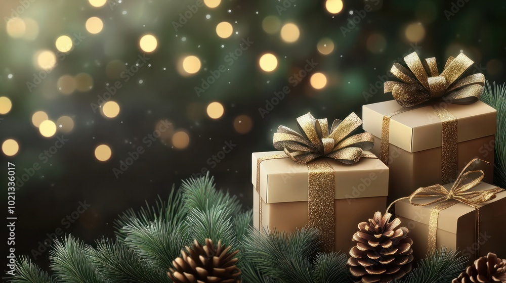christmas and new year background - gift boxes and pine cones and branches on the background of bokeh garlands christmas and new year background - gift boxes and pine cones and branches on the background of bokeh garlands
