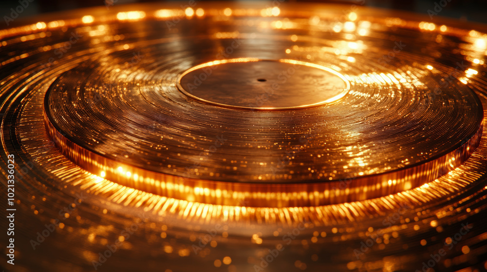 A close-up of a glowing gold vinyl record, reflecting light beautifully, creating a warm and shimmering effect across its grooved surface. A close-up of a glowing gold vinyl record, reflecting light beautifully, creating a warm and shimmering effect across its grooved surface.