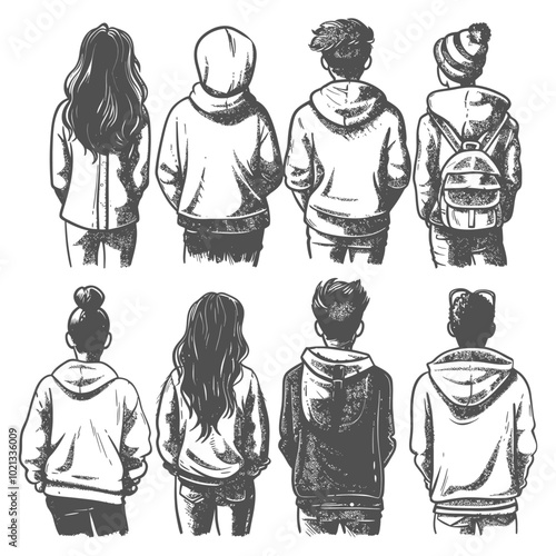 Eight People in Hoodies and Winter Clothing Viewed From Behind