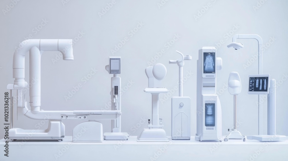 Fototapeta premium Advanced X-ray machines and medical diagnostic equipment arranged on a white background in a 3D realistic rendering.. Generative AI