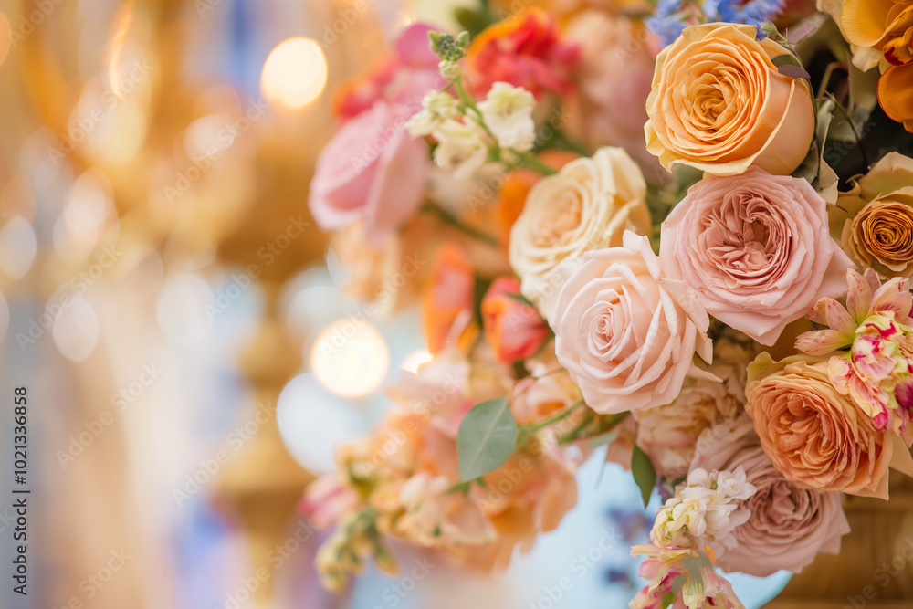 Fototapeta premium Elegant Floral Arrangement with Soft Pastel Roses and Delicate Blooms