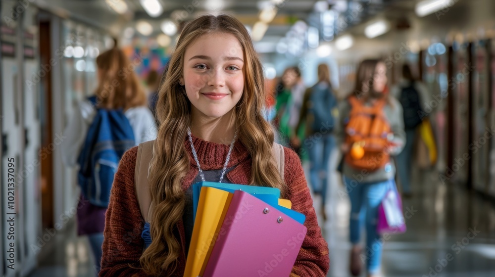 Cheerful student in school hallway with colorful folders and friends. Smiling girl in a busy environment full of learning and fun. Cheerful student in school hallway with colorful folders and friends. Smiling girl in a busy environment full of learning and fun.