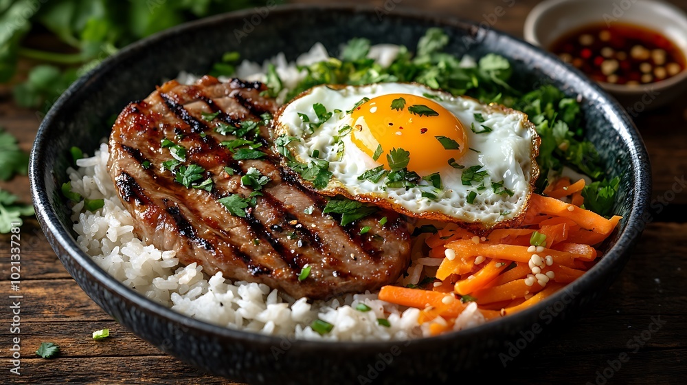 A detailed close-up photograph of a traditional Vietnamese Com Tam dish, featuring a plate of broken rice topped with grilled pork chop, a sunny-side-up egg, and pickled carrots and daikon. A detailed close-up photograph of a traditional Vietnamese Com Tam dish, featuring a plate of broken rice topped with grilled pork chop, a sunny-side-up egg, and pickled carrots and daikon.