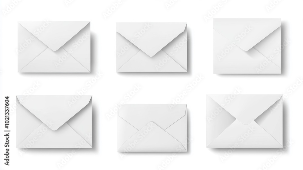 Six closed white envelopes with various flap positions arranged neatly on a white background. Generative AI Six closed white envelopes with various flap positions arranged neatly on a white background. Generative AI