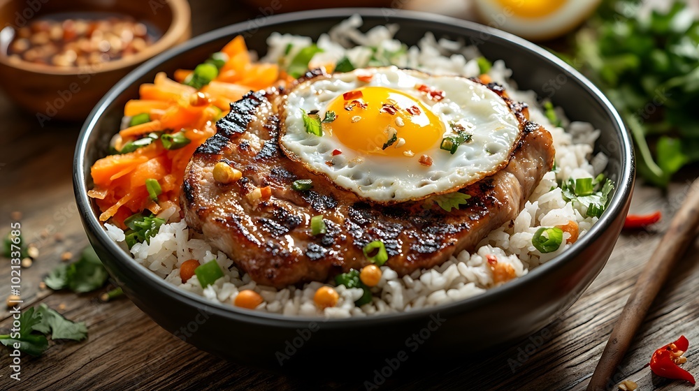 A detailed close-up photograph of a traditional Vietnamese Com Tam dish, featuring a plate of broken rice topped with grilled pork chop, a sunny-side-up egg, and pickled carrots and daikon. A detailed close-up photograph of a traditional Vietnamese Com Tam dish, featuring a plate of broken rice topped with grilled pork chop, a sunny-side-up egg, and pickled carrots and daikon.