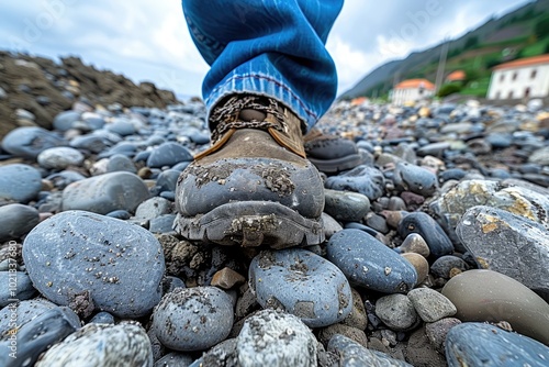 Close-up of a muddy hiking boot on a rocky beach photo