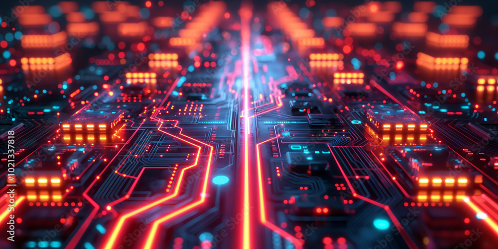 Fototapeta premium Futuristic Circuit Board with Glowing Lights and Complex Technology Patterns