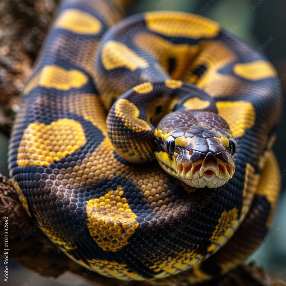 A large, yellow and black snake is curled up on a branch A large, yellow and black snake is curled up on a branch