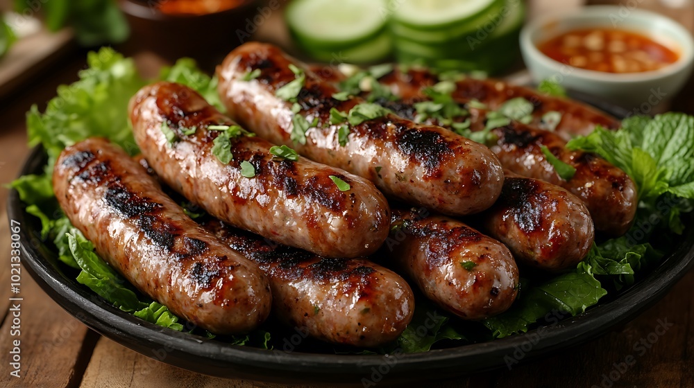 A detailed close-up photograph of Vietnamese Nem Nuong grilled pork sausages, perfectly charred and glistening with juices, served on a plate with fresh lettuce, mint leaves, A detailed close-up photograph of Vietnamese Nem Nuong grilled pork sausages, perfectly charred and glistening with juices, served on a plate with fresh lettuce, mint leaves,
