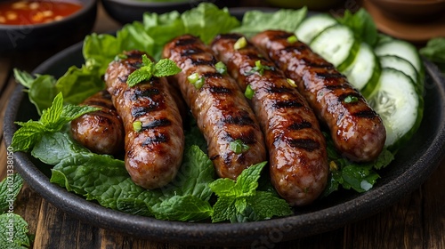 A detailed close-up photograph of Vietnamese Nem Nuong grilled pork sausages, perfectly charred and glistening with juices, served on a plate with fresh lettuce, mint leaves,