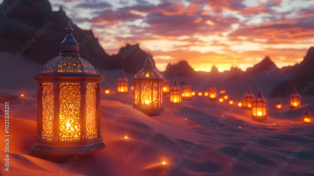 3D Illustration of Lanterns in Desert at Sunset 3D Illustration of Lanterns in Desert at Sunset