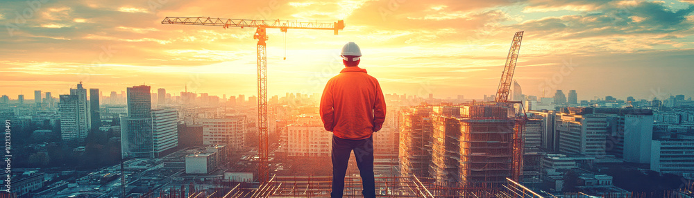 A man in a hard hat stands on a construction site overlooking a city A man in a hard hat stands on a construction site overlooking a city