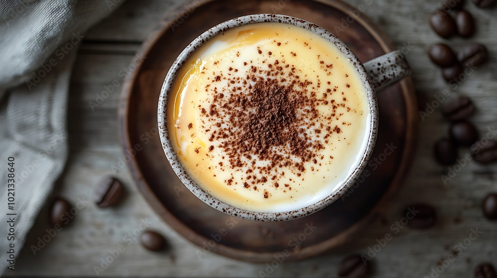 A detailed, top-down view of a Vietnamese Egg Coffee served in a porcelain cup, showcasing the creamy egg yolk layer dusted with a sprinkle of cocoa powder. A detailed, top-down view of a Vietnamese Egg Coffee served in a porcelain cup, showcasing the creamy egg yolk layer dusted with a sprinkle of cocoa powder.
