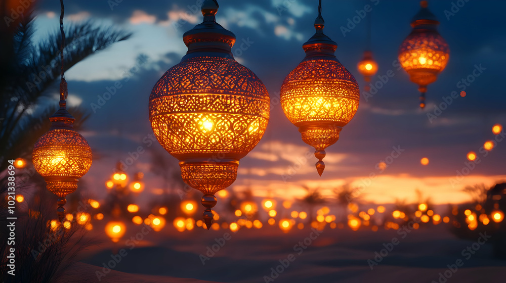 Ornamental Lanterns Hanging Against a Dusk Sky with Bokeh Lights 3D Illustration Ornamental Lanterns Hanging Against a Dusk Sky with Bokeh Lights 3D Illustration