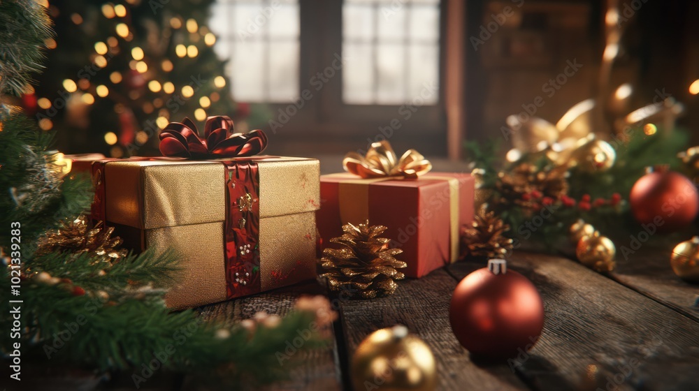 christmas gifts and decorations. 3d render christmas gifts and decorations. 3d render