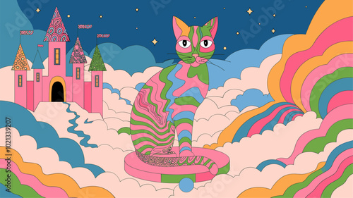Surreal vision of a cat morphing into colorful patterns in a dreamlike landscape.