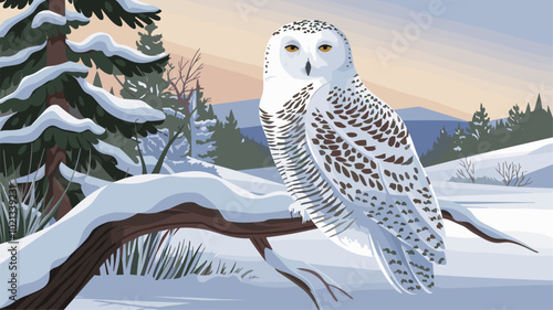 Snowy owl perched on snow-laden branch in winter landscape.