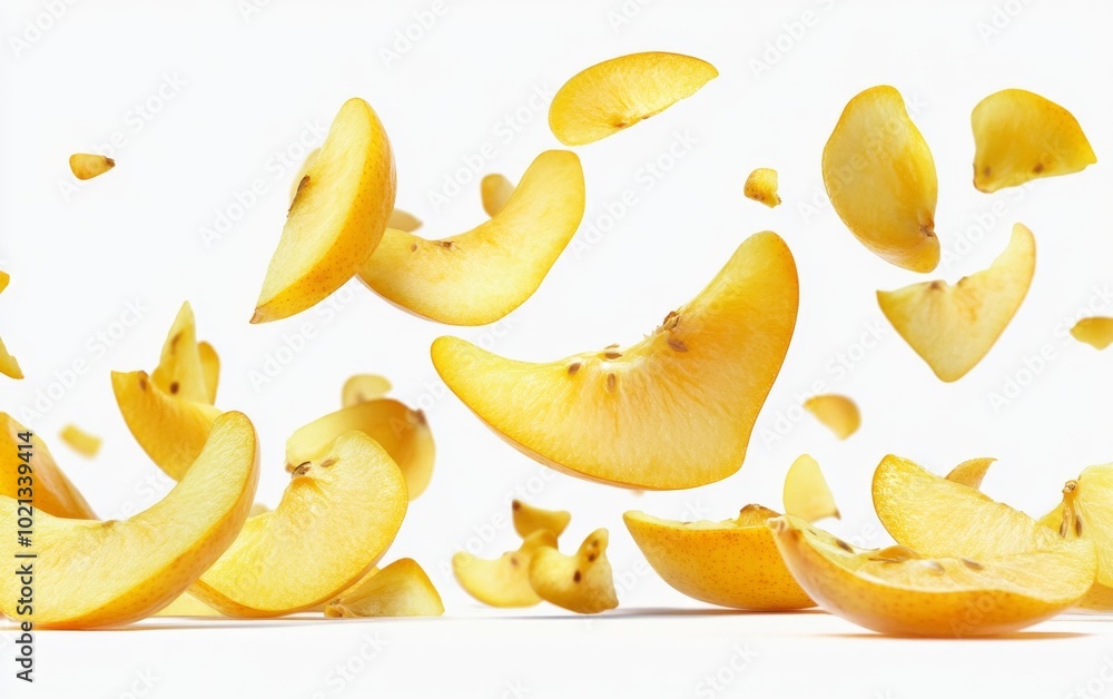 Falling quince slices in mid-air on a white background dynamic and vibrant realistic fruit image for food-related designs and projects.. Generative AI Falling quince slices in mid-air on a white background dynamic and vibrant realistic fruit image for food-related designs and projects.. Generative AI
